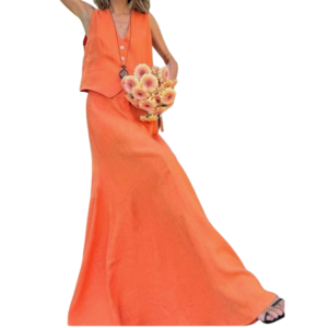 Chaleco botones y falda naranja seda